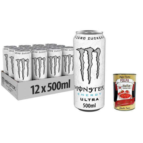 Monster Energy Drinks Monster Energy Ultra White - koffeinhaltiger Energy Drink mit sanftem Zitrus-Geschmack - ohne Zucker und ohne Kalorien 500ml 48x Original italienisch inkl. Italian Gourmet Polpa 400g 5060337508445