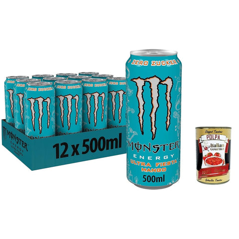 Monster Energy Energy Drinks Monster Energy Ultra Fiesta - koffeinhaltiger Energy Drink mit leichtem Mango-Geschmack - ohne Zucker und ohne Kalorien 500ml 24x Original italienisch inkl. Italian Gourmet Polpa 400g 5060751212874