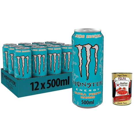 Monster Energy Energy Drinks Monster Energy Ultra Fiesta - koffeinhaltiger Energy Drink mit leichtem Mango-Geschmack - ohne Zucker und ohne Kalorien 500ml 48x Original italienisch inkl. Italian Gourmet Polpa 400g 5060751212874