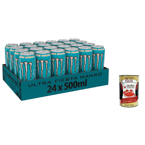 Monster Energy Energy Drinks Monster Energy Ultra Fiesta - koffeinhaltiger Energy Drink mit leichtem Mango-Geschmack - ohne Zucker und ohne Kalorien - in praktischen Einweg Dosen (24 x 500 ml) Original italienisch inkl. Italian Gourmet Polpa 400g 8032804040014