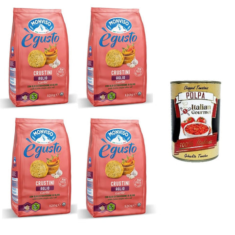 Monviso Knäckebrot Monviso égusto Crustini all'aglio mit Knoblauch 4x120gr Original italienisch inkl. Italian Gourmet Polpa 400g 8032804040014