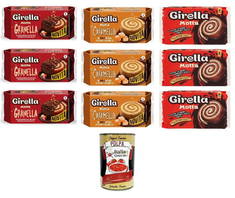 Motta Girella Testpaket Klassisch, mit Kakao und Karamell, umhüllt von Körnern und Schokolade 3x210 g 6x240 g italienisch Original Pastasauce + gratis polpa 400