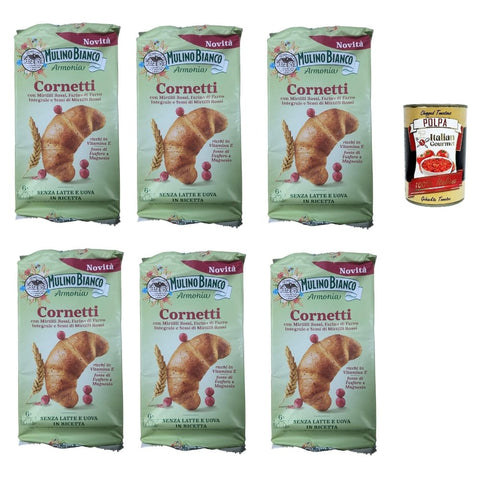 Mulino Bianco Abgepackte Gebäckstücke Mulino Bianco Cornetti, Croissant süßer Snack, Ohne Milch und Eier, mit Blaubeeren, Vollkornmehl und roten Blaubeersamen 228 gr 6x Original italienisch inkl. Italian Gourmet Polpa 400g