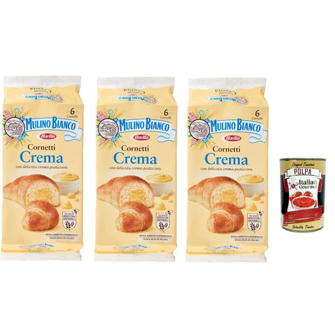 Mulino Bianco Abgepackte Gebäckstücke Mulino Bianco Cornetti Croissants creme Snack brioche ohne Zusatzstoffe und Konservierungsstoffe 6 Stück kuchen 300g 3x Original italienisch inkl. Italian Gourmet Polpa 400g 8076809540629