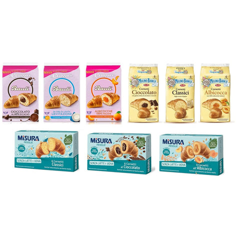 Mulino Bianco Abgepackte Gebäckstücke Mulino Bianco Testpaket Cornetti Misura Bauli Traditionelle Croissants Aprikosen Croissants Schokoladen Croissants 9 Stück italienisch Original 8076809525633