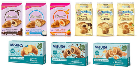 Mulino Bianco Testpaket Cornetti Misura Bauli Traditionelle Croissants Aprikosen Croissants Schokoladen Croissants 9 Stück italienisch Original