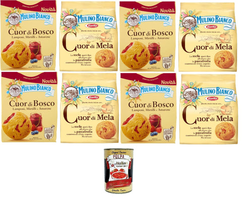 Mulino Bianco Testpaket Cuori DI Mela, Cuor di Bosco Weicher Mürbeteig mit Apfel Himbeer, Blaubeer und Schwarzkirschfüllung 8x300 gr italienisch Original