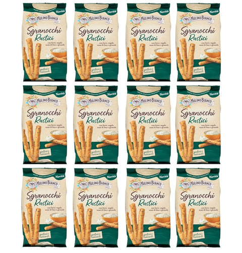 Mulino Bianco Brot- & Käsestangen Mulino Bianco Grissini Sgranocchi Rustici – Knusprige Grissini mit Dinkel, Roggen, Leinsamen & Sonnenblumenkernen – 12x200 g 8076809579544