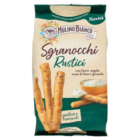 Mulino Bianco Brot- & Käsestangen Mulino Bianco Grissini Sgranocchi Rustici – Knusprige Grissini mit Dinkel, Roggen, Leinsamen & Sonnenblumenkernen – 12x200 g 8076809579544