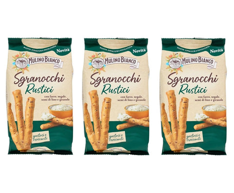Mulino Bianco Brot- & Käsestangen Mulino Bianco Grissini Sgranocchi Rustici – Knusprige Grissini mit Dinkel, Roggen, Leinsamen & Sonnenblumenkernen – 3x200 g 8076809579544