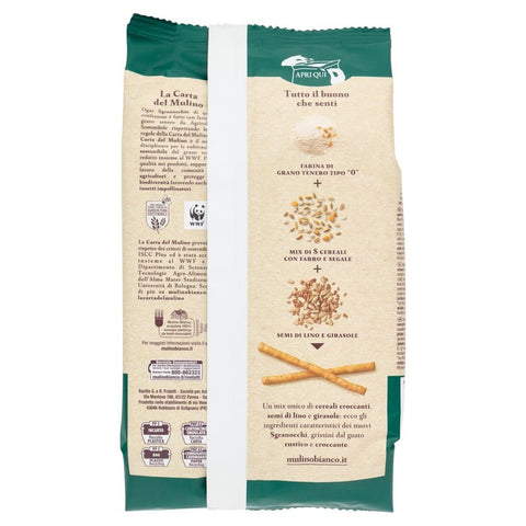 Mulino Bianco Brot- & Käsestangen Mulino Bianco Grissini Sgranocchi Rustici – Knusprige Grissini mit Dinkel, Roggen, Leinsamen & Sonnenblumenkernen – 3x200 g 8076809579544