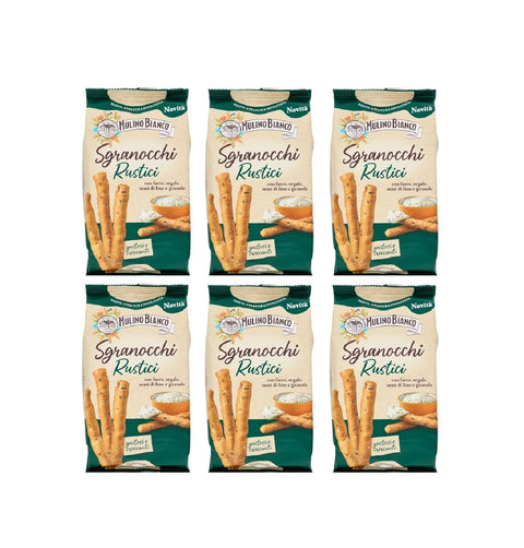 Mulino Bianco Brot- & Käsestangen Mulino Bianco Grissini Sgranocchi Rustici – Knusprige Grissini mit Dinkel, Roggen, Leinsamen & Sonnenblumenkernen – 6x200 g 8076809579544