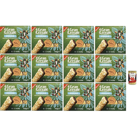 Mulino Bianco Chips Mulino Bianco Gran Cereale - Snack, Trockene Obstbalken mit Kokosnussstücken, Schokolade und Mandeln - Frühstück und süße Snacks, 12x 112 g Original italienisch inkl. Italian Gourmet Polpa 400g 8032804040014