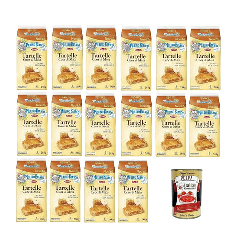 Mulino Bianco Kekse 16x Mulino Bianco Tartelle Cuor di Mela, Törtchen mit 100% italienischen Äpfeln, Biskuit und Mürbeteig, ohne Palmöl und ohne Konservierungsstoffe, 288g + Italian Gourmet polpa 400g 8076809581394