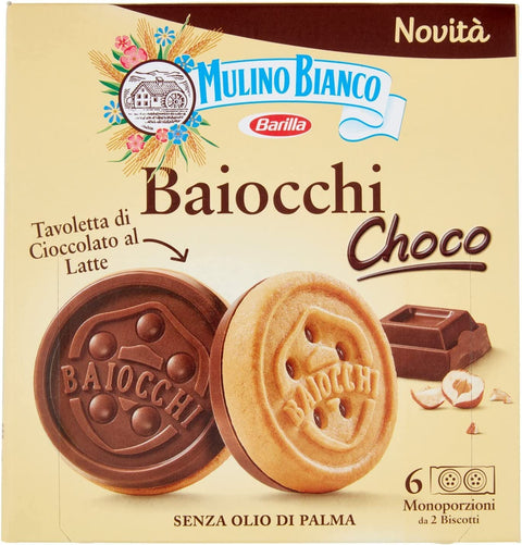 Mulino Bianco Kekse 3x Mulino Bianco Baiocchi choco Schokokekse, kekse Mürbegebäck und Milchschokoriegel mit Haselnüssen, Ausgezeichnet als Snack 144 gr 8076809580007
