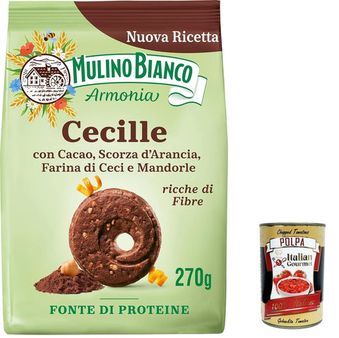 Mulino Bianco Kekse 3x Mulino Bianco Cecille, Mürbeteigkekse mit Kakao, Orangenschale, Kichererbsen- und Mandelmehl, reich an Ballaststoffen, Proteinquelle, 270g + Italian gourmet polpa 400g 8076809584029