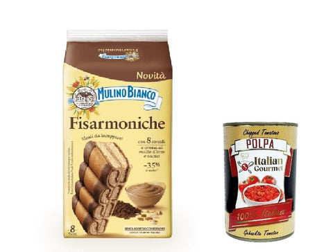 Mulino Bianco Kekse 3x Mulino Bianco fisarmoniche, Natürlich gefüllte Sahnungsnack mit Gerstenmalzcreme und Kakao 264g + Italian Gourmet polpa 400g 8076809582995