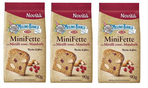 Mulino Bianco Mini Fette Biscottate con farina integrale, mirtilli rossi, mandorle e semi di girasole Zwieback mit Vollkornmehl, Preiselbeeren, Mandeln und Sonnenblumenkernen 90g 3x Original italienisch