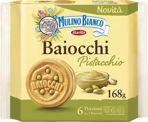 Mulino Bianco Kekse 6 x Mulino Bianco Baiocchi Pistazienkekse, Pistaziengebäck, ideal für Frühstück oder Snack, Palmölfrei, 6 Portionen à 3 Kekse 8076809581318