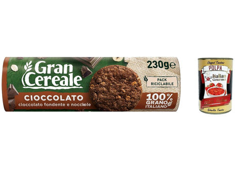 Mulino Bianco Kekse 6x Mulino bianco Gran Cereale Cacao, Kakaokekse mit einem vollen Geschmack, reich an Ballaststoffen 230g + Italian Gourmet polpa 400g 8076809522533