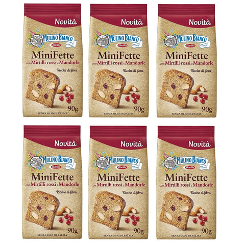 Mulino Bianco Mini Fette Biscottate con farina integrale, mirtilli rossi, mandorle e semi di girasole Zwieback mit Vollkornmehl, Preiselbeeren, Mandeln und Sonnenblumenkernen 6x 90g Original italienisch