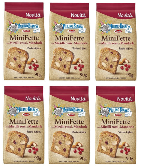 Mulino Bianco Kekse 6x Mulino Bianco Mini Fette Biscottate con farina integrale, mirtilli rossi, mandorle e semi di girasole Zwieback mit Vollkornmehl, Preiselbeeren, Mandeln und Sonnenblumenkernen 90g 8076809581325