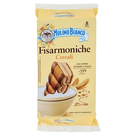 Mulino Bianco Kekse 9x Mulino Bianco fisarmoniche ai cereali  Natürlich gefüllte Sahnungsnack mit Gerstenmalzcreme und Kakao 296 g 8076809582995