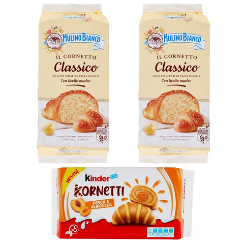 Mulino Bianco Kekse MHD 24/09/2025 2x Mulino Bianco Cornetti Classici Croissant 240g + 1x Ferrero Kinder Kornetti Pesca e Albicocca Mit Pfirsich und Aprikose 252g 8076809525633