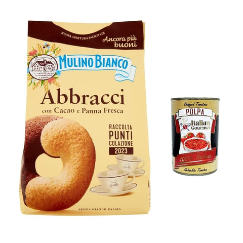 Mulino Bianco Kekse Mulino Bianco Abbracci Shortbread-Kekse mit Kakao und frischer Sahne, ohne Palmöl, geschmacksintensives Frühstück, 350 g 10x Original italienisch inkl. Italian Gourmet Polpa 400g 8076809579568