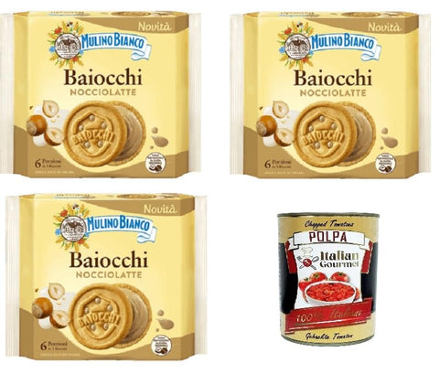 Mulino Bianco Kekse Mulino Bianco Baiocchi Nocciolatte Haselnussmilch 3x168g – Italienische Kekse mit Haselnuss-Milch-Creme – Ohne Palmöl – Original aus Italia + Italian Gourmet polpa 400g 8076809586375