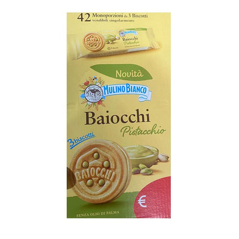 Mulino Bianco Baiocchi Pistacchio Kekse Gefüllt mit Köstlicher Pistaziencreme Ideal für Frühstück oder Snack Display mit 42 Einzelportionen à 3 Kekse Original italienisch inkl. Italian Gourmet Polpa di Pomodoro 400g Dose