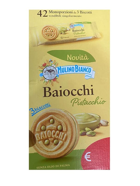 Mulino Bianco Baiocchi Pistacchio Kekse Gefüllt mit Köstlicher Pistaziencreme Ideal für Frühstück oder Snack Display mit 42 Einzelportionen à 3 Kekse Original italienisch inkl. Italian Gourmet Polpa di Pomodoro 400g Dose