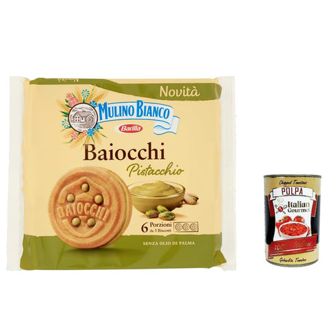 Mulino Bianco Kekse Mulino Bianco Baiocchi Pistazienkekse, Pistaziengebäck, ideal für Frühstück oder Snack, Palmölfrei, 6 Portionen á 3 Kekse 6x Original italienisch inkl. Italian Gourmet Polpa 400g 8076809581318