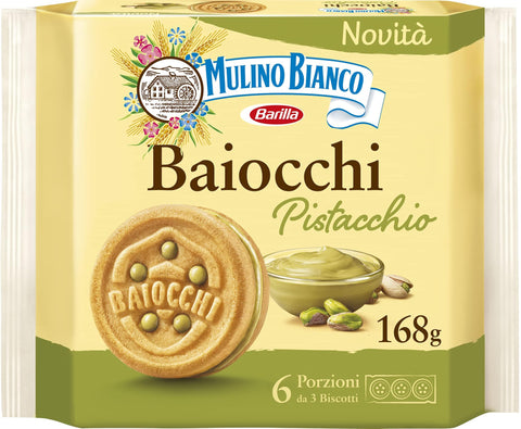 Mulino Bianco Kekse Mulino Bianco Baiocchi Pistazienkekse, und Mürbeteig Ideal zum Frühstück oder Snack, Palmölfrei, 6 Portionen von 3 Keksen, 1, 168.0 gramm, 168.0 grams 8076809581318