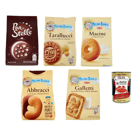 Mulino Bianco Kekse Mulino Bianco Biscotti Testpaket 5x 350g Italien kekse biscuits cookies kuchen, Frühstückskekse, Kakao -Keks Haselnüsse und 100% Frischmilch Original italienisch inkl. Italian Gourmet Polpa 400g 8032804040014