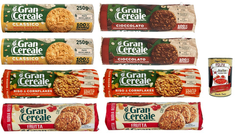 Mulino Bianco Kekse Mulino Bianco Gran Cereale Testpaket Classico, Schokolade, Frutta und Croccante korn getreide kekse Multi Cerealien 8x 250g + Italian Gourmet polpa 400g 8076809514064
