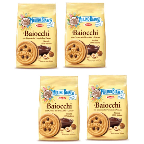 Mulino Bianco Kekse Mulino Bianco : I Baiocchi Kekse mit cremefarbener Haselnuss und Kakao, 260 g, 4 Stück Original italienisch 8076809573252