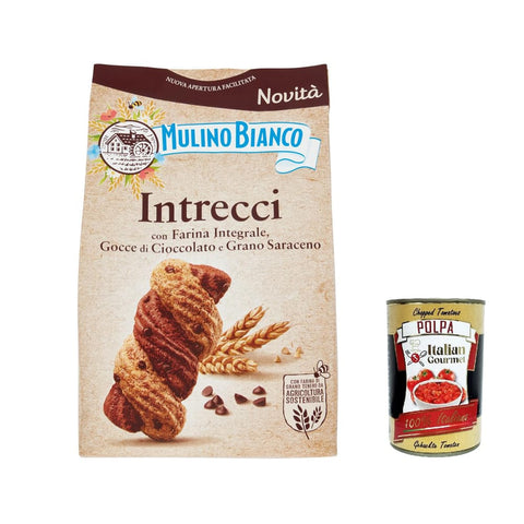 Mulino Bianco Kekse Mulino Bianco Intrecci Biscotti kekse mit Vollkornmehl, cookies Tropfen Schokolade und Buchweizen 300 g 12x Original italienisch inkl. Italian Gourmet Polpa 400g 8076809582803