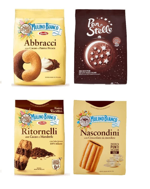 Mulino Bianco Kekse testpaket Abbracci Pan di stelle, Nascondini, Ritornelli 3 x 700 g 1x 600 g italienisch Original