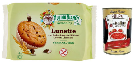Mulino Bianco Kekse Mulino Bianco Lunette Tortina Senza Glutine,Glutenfreier Kuchen mit Vollkornreismehl und Schokoladentropfen,140g Packung,jede Packung enthält 4 Kuchen + Italian Gourmet Polpa di Pomodoro 400g Dose 8076809571562