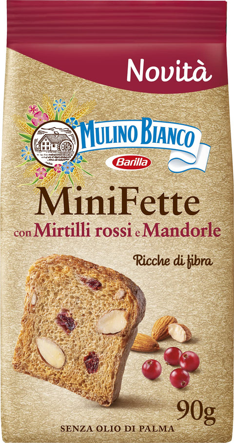 Mulino Bianco Mini Fette Biscottate con farina integrale, mirtilli rossi, mandorle e semi di girasole Zwieback mit Vollkornmehl, Preiselbeeren, Mandeln und Sonnenblumenkernen 90g Original italienisch