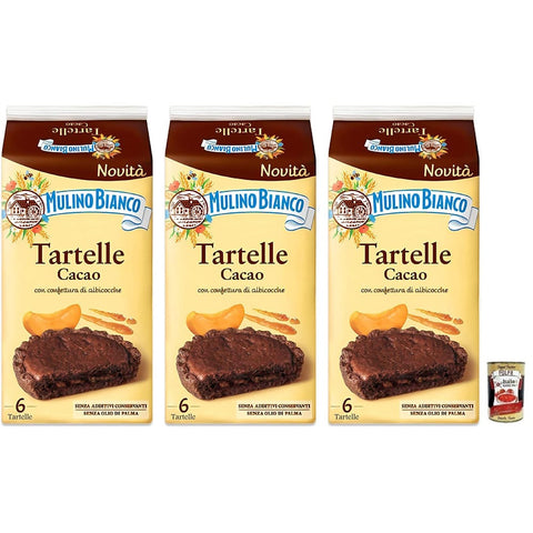Mulino Bianco Kekse Mulino Bianco Tartelle Cacao,Süße Snacks,Kakaokuchen mit Aprikosenfüllung,Packung mit 288g, jede Packung enthält 6 Kuchen à 48g 3x Original italienisch inkl. Italian Gourmet Polpa di Pomodoro 400g Dose 8076809582971
