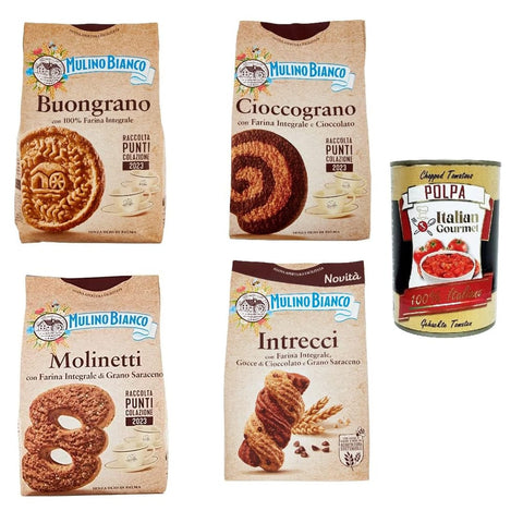 Mulino Bianco Kekse Mulino Bianco Testpaket 100 % Vollkornmehl Kekse Molinetti Buongrano Cioccograno Intrecci Original italienisch inkl. Italian gourmert Polpa 400g 8076809582803
