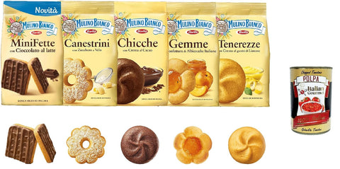 Mulino Bianco Kekse Mulino Bianco Testpaket, Gemme - Canestrini - Chicche - Tenerezze - Mini fette cioccolato, Kekse biskuits cookies kuchen mit Aprikosenmarmelade 5x 200g + Italian Gourmet polpa 400g 8076809577793