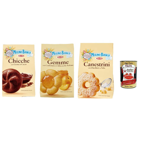 Mulino Bianco Kekse Mulino Bianco Testpaket Kekse Canestrini - Gemme - Chicche, cookies biskuits 3x200 g italienisch Original + kostenlos polpa 400 g 8076809529976