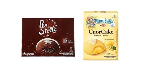 Mulino Bianco Kekse Testpaket Barilla Mulino Bianco Cuor Cake Snack gefüllt mit Zitronencreme - Pan di Stelle Mooncake Snack gefüllt mit Schokocreme ( 12 x 35g ) 8076809578509