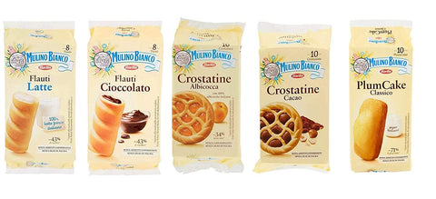 Mulino Bianco TESTPAKET abgepackte Snacks Crostatina Kakao und Aprikose Flauti Schokolade und Milch Plum Cake mit 1x1879g Original italienisch Kekse