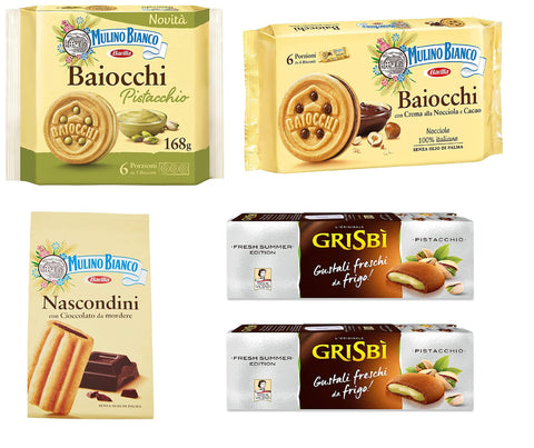 Mulino Bianco Kekse Testpaket Mulino Bianco Baiocchi kekse mit Pistazien 168g + Baiocchi nocciola + Nascondini 330g + 2x Matilde Vicenzi Grisbi Pistacchio kekse mit pistaziencreme biscuits cookies 150g 8076809581318