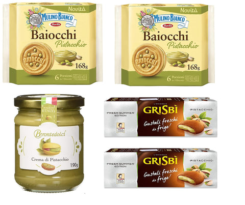 Mulino Bianco Kekse Testpaket Mulino Bianco Baiocchi kekse mit Pistazien 168g + Brontedolci Pistaziencreme 190g + 2x Matilde Vicenzi Grisbi Pistacchio kekse mit pistaziencreme füllung biscuits cookies 150g 8076809581318