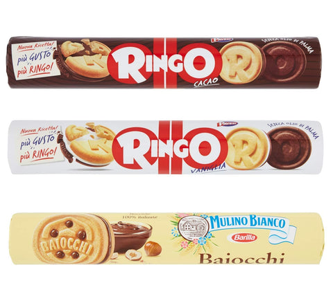 Mulino Bianco Kekse Testpaket Mulino Bianco Baiocchi Pavesi Ringo Cacao e Vaniglia Tubo Kekse Biscuits Cookies 3 Stücke Italienische Snacks 8076809574969